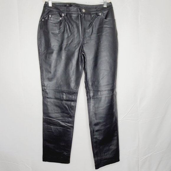 Newport News Hi-Rise Leather Pants Size 14 Lined Straight Leg Biker Goth NEW - Picture 1 of 13